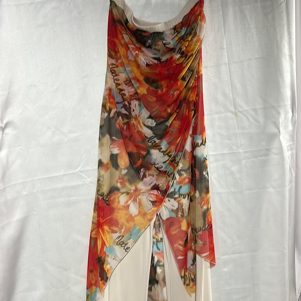 Cache Size Medium Strapless Ivory Jumpsuit with floral overlay. 32” inseam